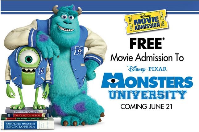 Free Movie Ticket Monsters University Disney Pixar