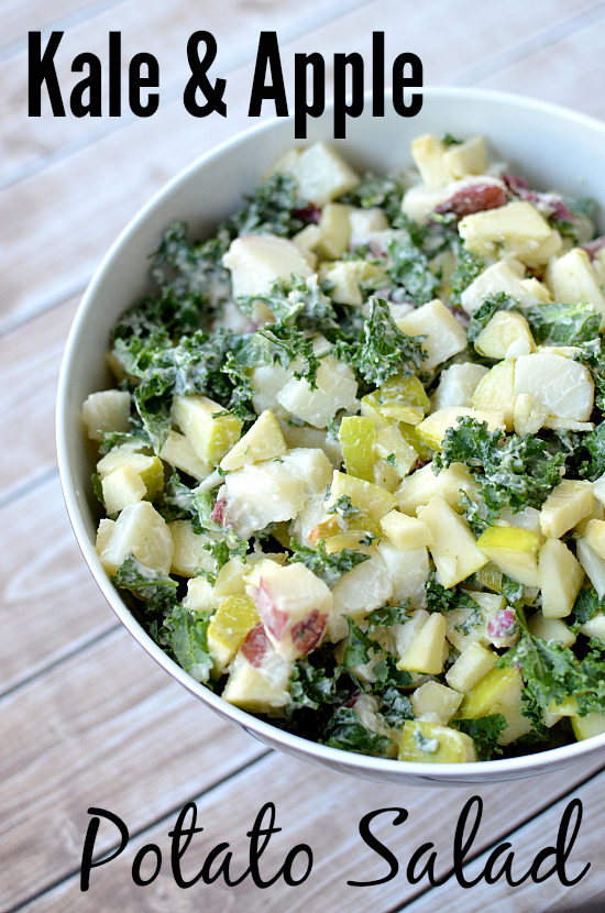 Creamy kale and apple potato salad is perfect for your next potluck dinner. #salad #kale #kalesalad Kale Apple Salad Recipe