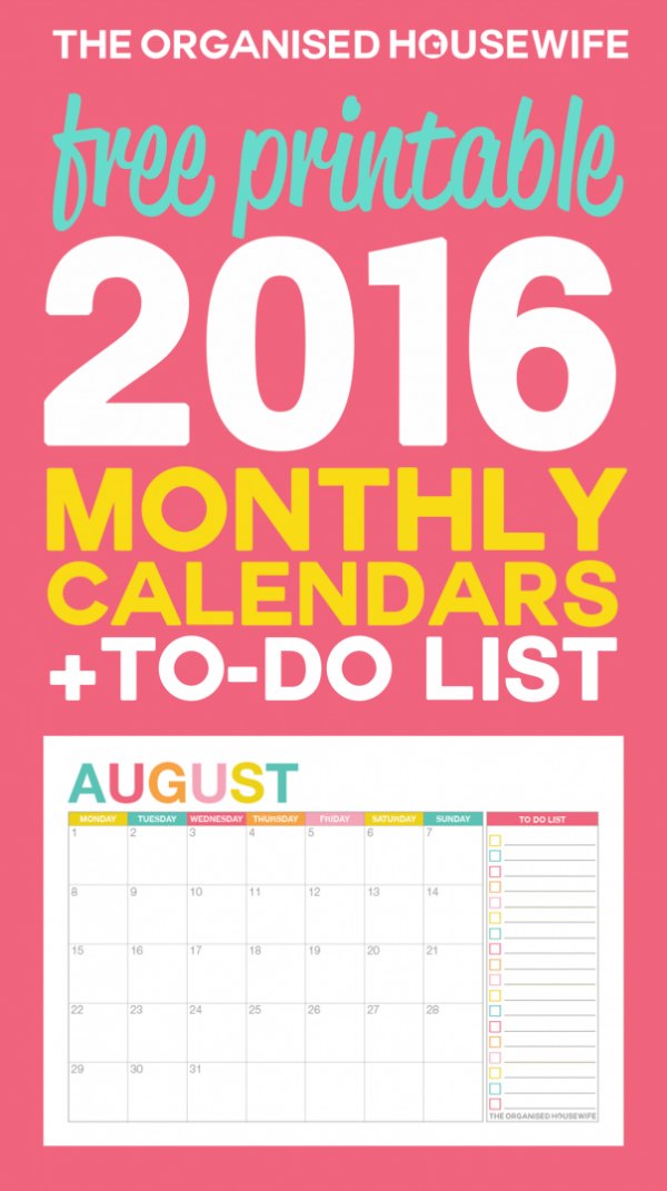 Free 2016 Monthly Calendar Printable