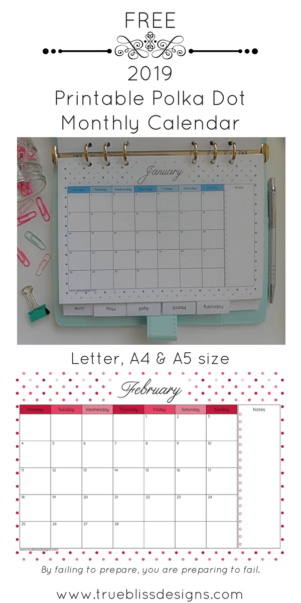 2019 Polka Dot Printable Monthly Calendar Planner