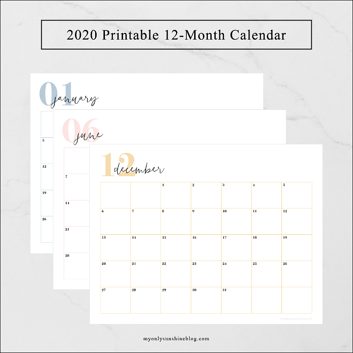2020 Printable 12-Month Calendar