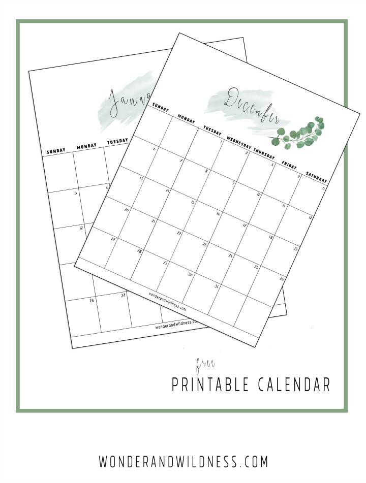 2020 Printable Calendar Green