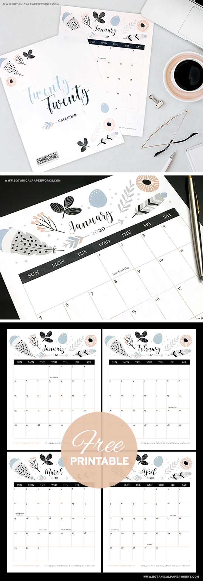 Free Printable Calendar 2020 Boho Chic